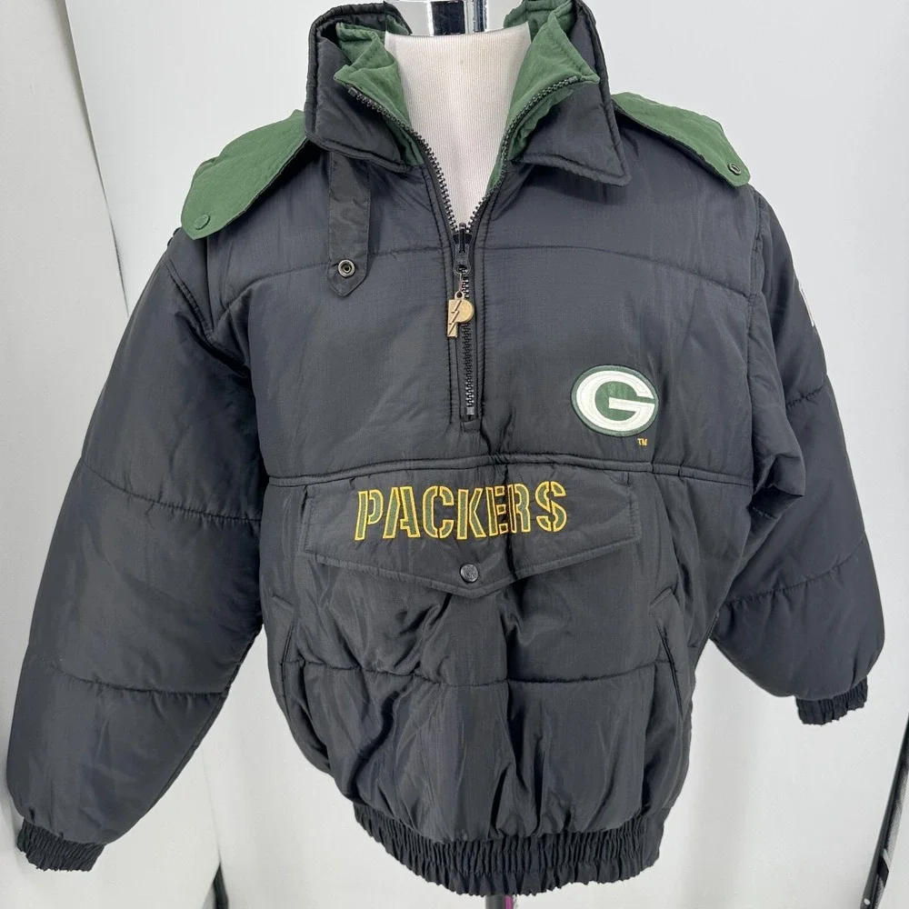 Pro Player Green‎ Bay Packers Coat MENS Reversible 1/2 Zip Hooded Pullover XL